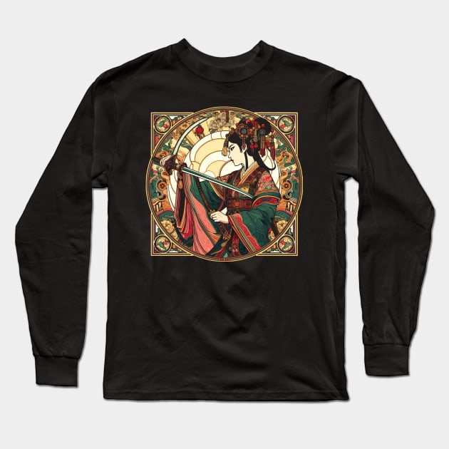Chinese Sword Fighter Art Deco Mucha Mash-Up Long Sleeve T-Shirt by RCDBerlin